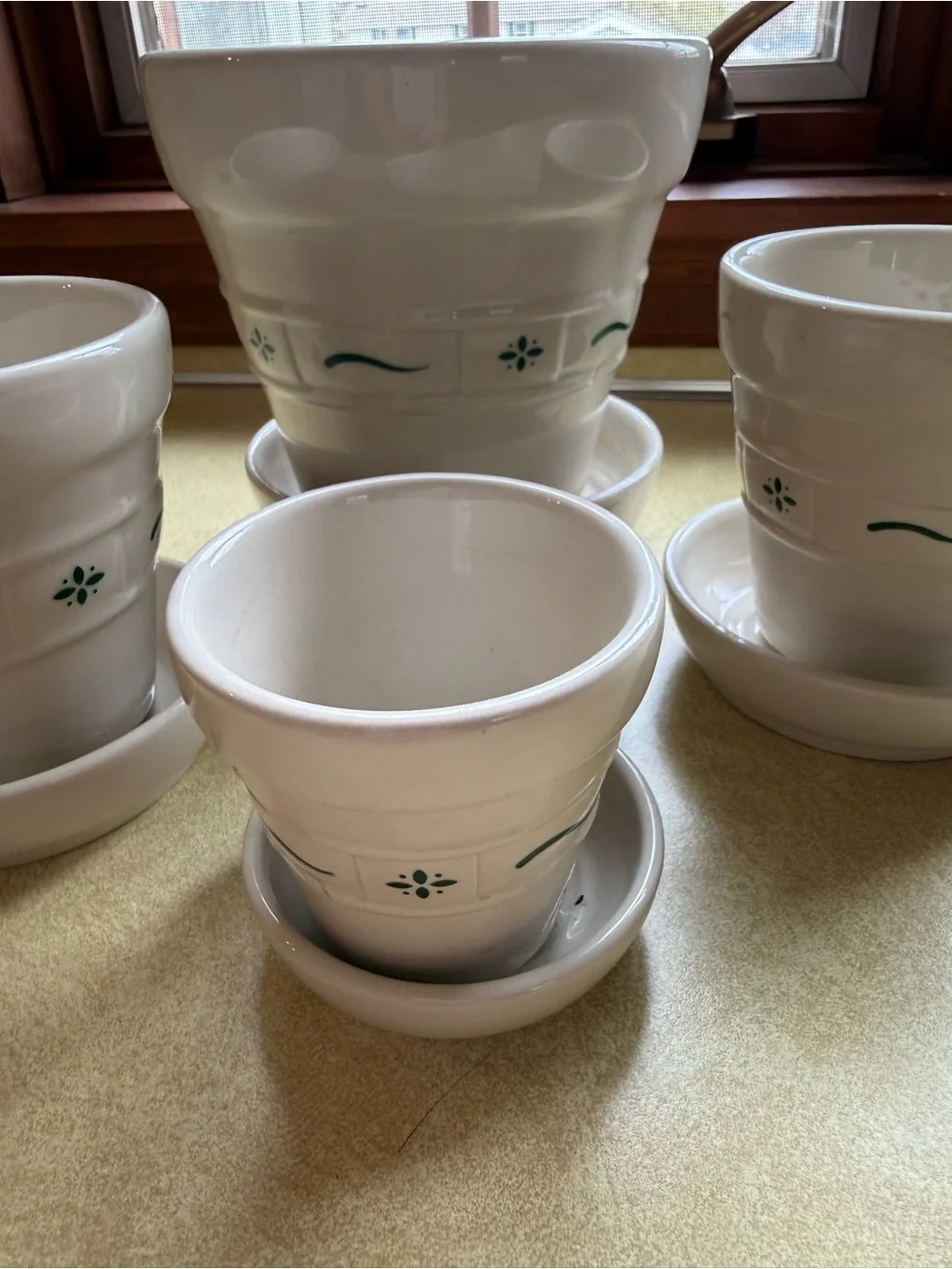 Longaberger White Ceramic Planter Set with Green Accent